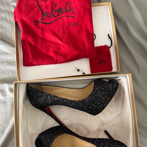christian louboutin black 120 glitter heels open toe - Picture 6 of 7